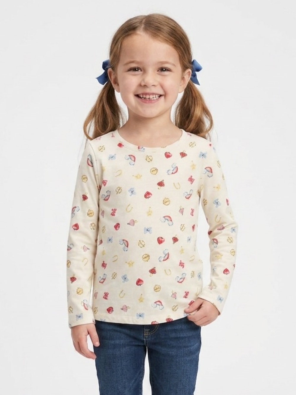 Old Navy Cream Long-Sleeve Tee with Small Red, Yellow & Blue Motifs